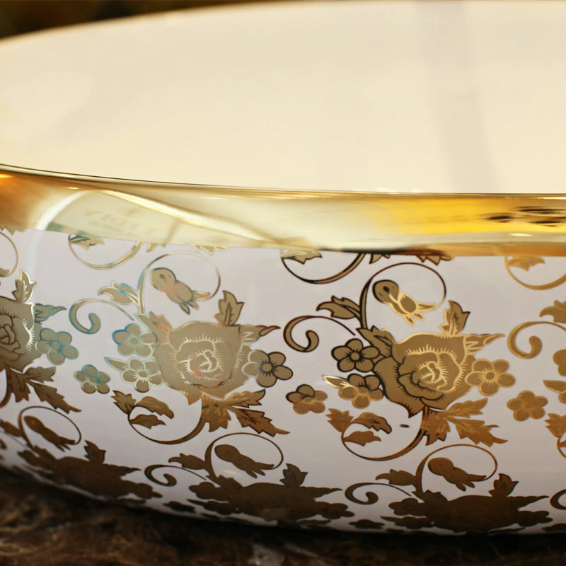 Chaozhou Gold Color Basin Bowl Table Mount Ceramic Bathroom Sinks Modern Oval Ceramic Golden Basin with Floral Design