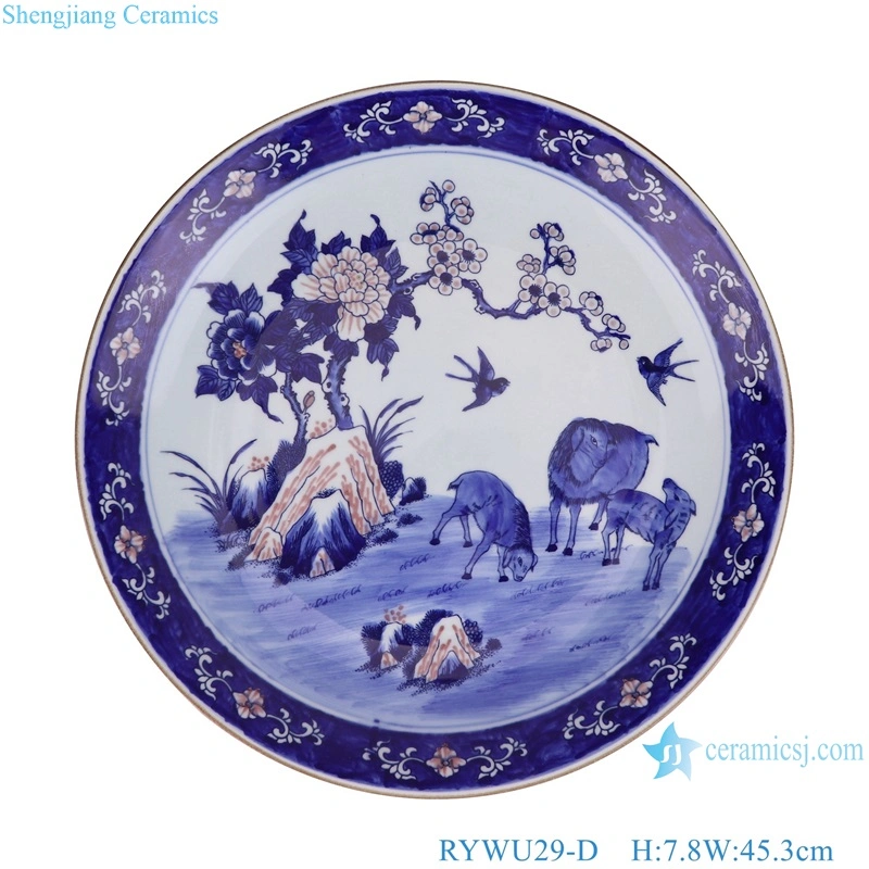 Blue and White Underglaze Red Handpainted Landscape, Dragon, Phoenix Flower and Bird Pattern Home Decorative Plate