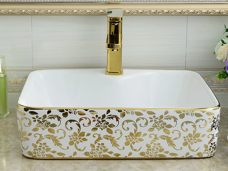 Modern Sanitary Ware Gold Plated Ceramic Wash Basin Price in Bangladesh Golden Bathroom Decorative Ceramic Sink Gold Color Floral Design Wash Basin