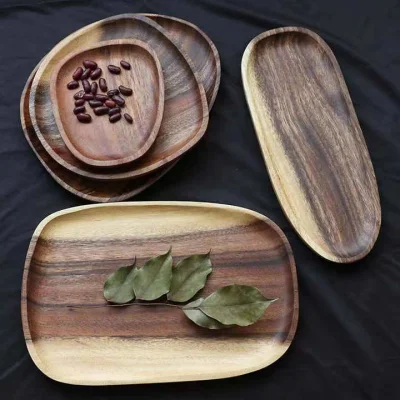 Unregelmäßiges Speiseteller-Set aus Akazienholz, Holzteller, Desserttablett